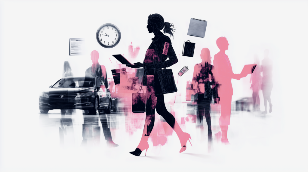 Businessfrau am Telefon vor Symbolen für Erfolg wie Uhr, Aktentasche und Sportwagen – steht für den Spagat zwischen Job und nebenberuflicher Gründung