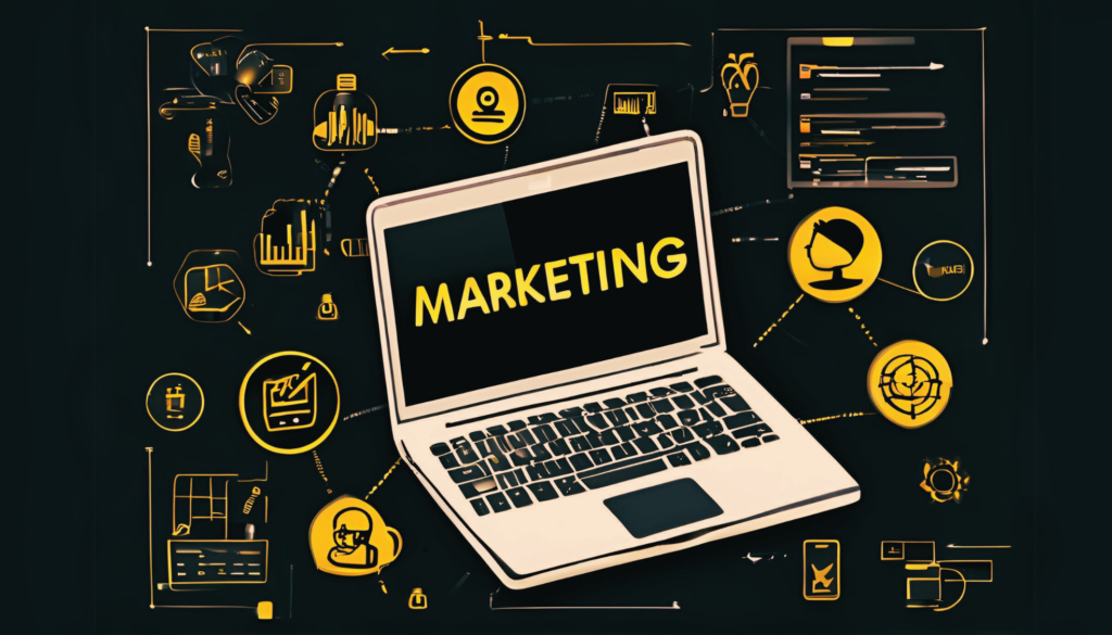 Ein grafischer Laptop mit der Headline "Marketing".